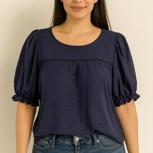 Eyelet Puff Sleeve Navy Blouse Top